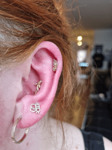 Conch and helix piercing performed by Jane at Eternal Gold in Glasgow with a 14kt yellow koi fish and olive branch
